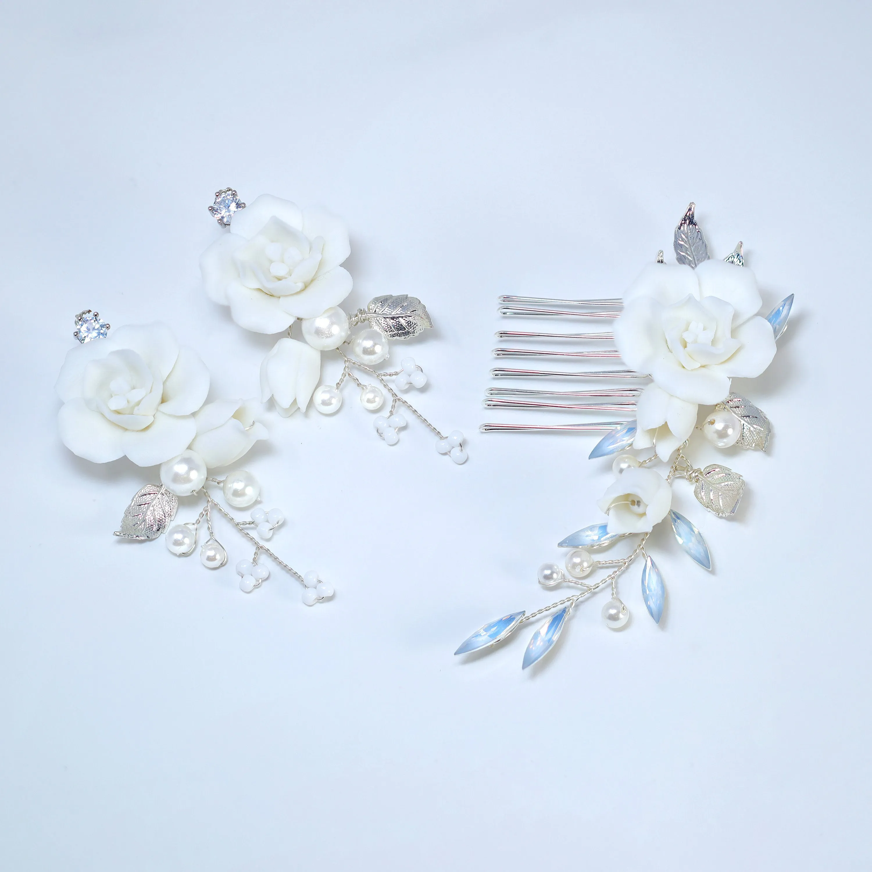 Porcelain White Rose With Dancing Lily Blossom Hair comb, Bridal Hair piece, Something Blue Hair Accessories, Wedding Hair Accessory.