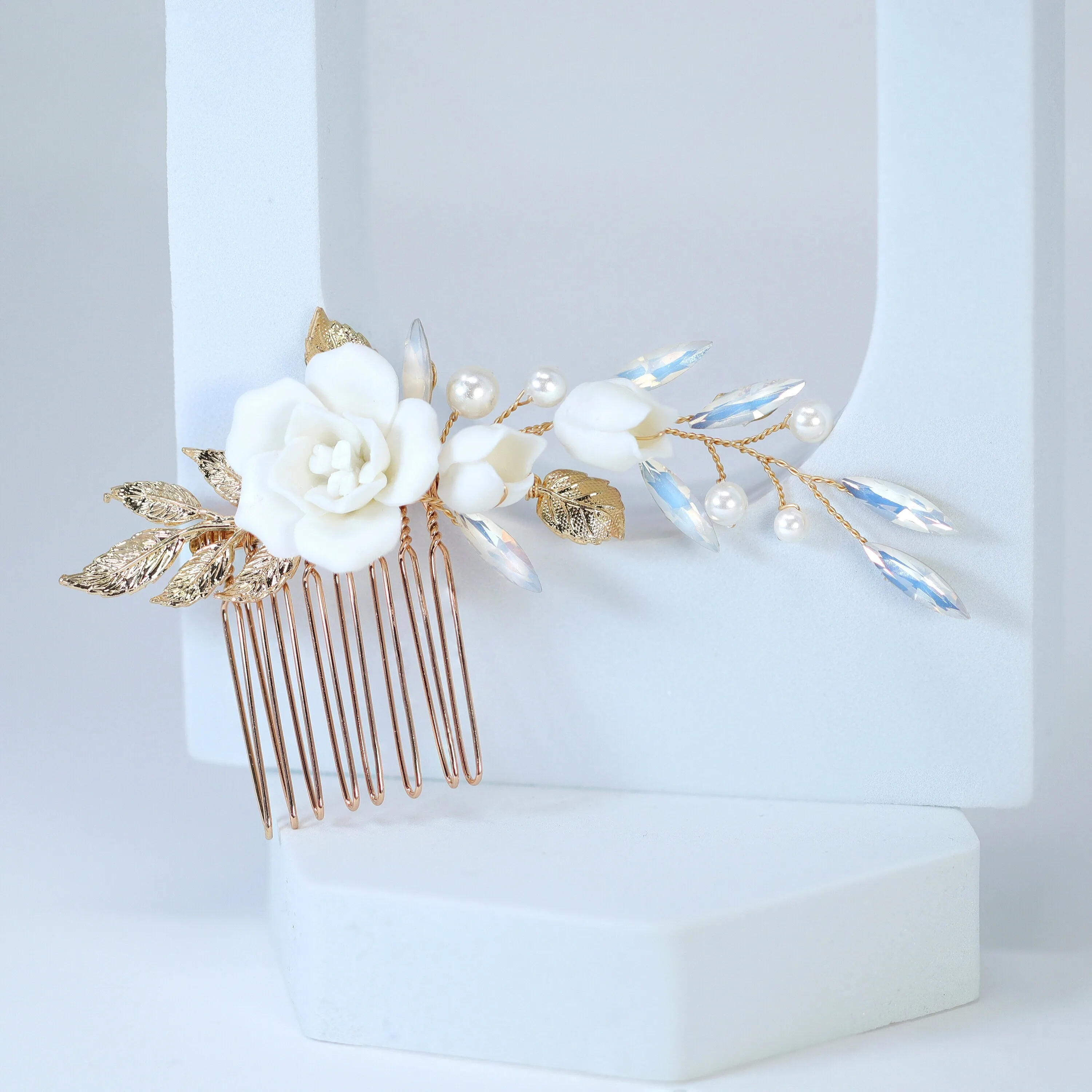 Porcelain White Rose With Dancing Lily Blossom Hair comb, Bridal Hair piece, Something Blue Hair Accessories, Wedding Hair Accessory.