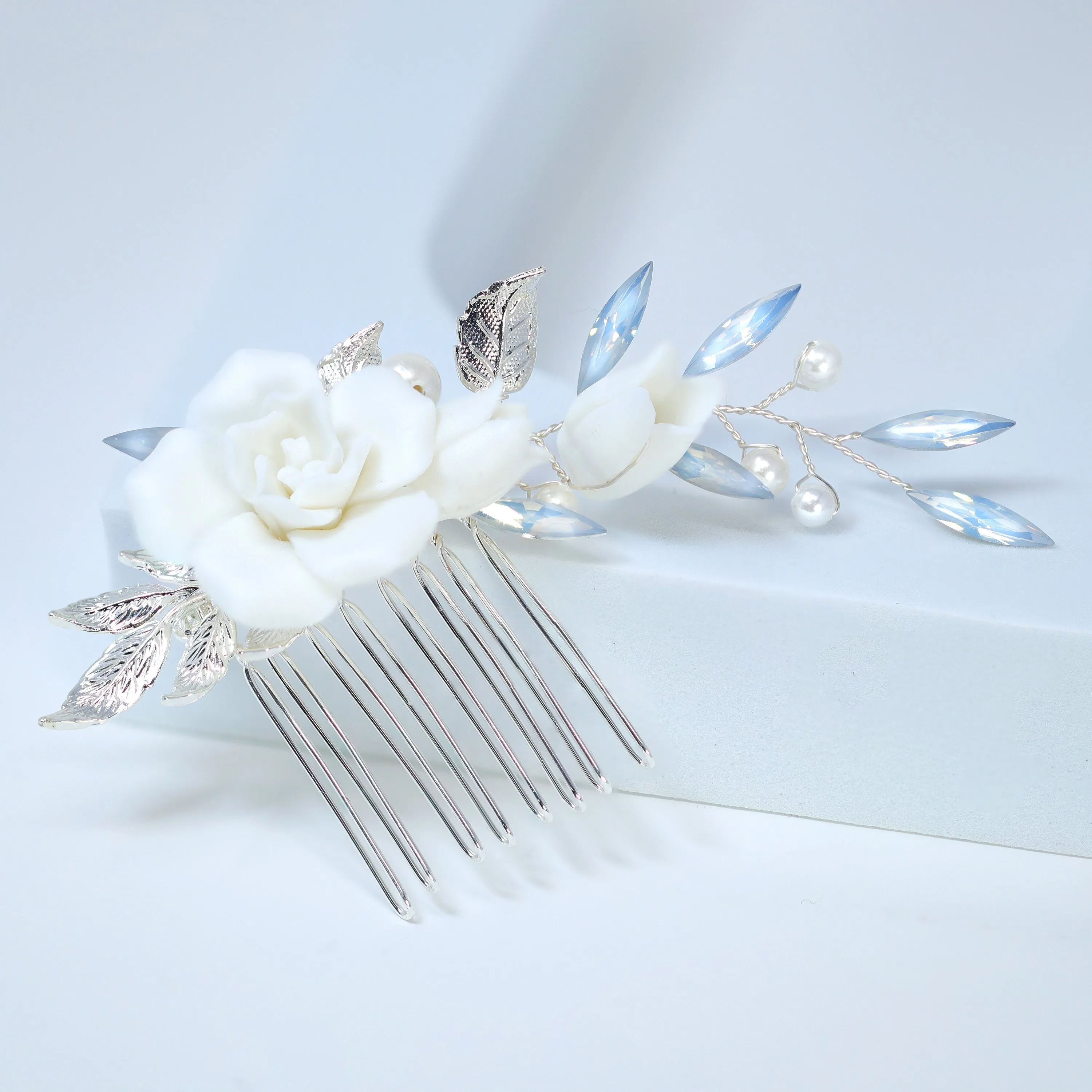 Porcelain White Rose With Dancing Lily Blossom Hair comb, Bridal Hair piece, Something Blue Hair Accessories, Wedding Hair Accessory.