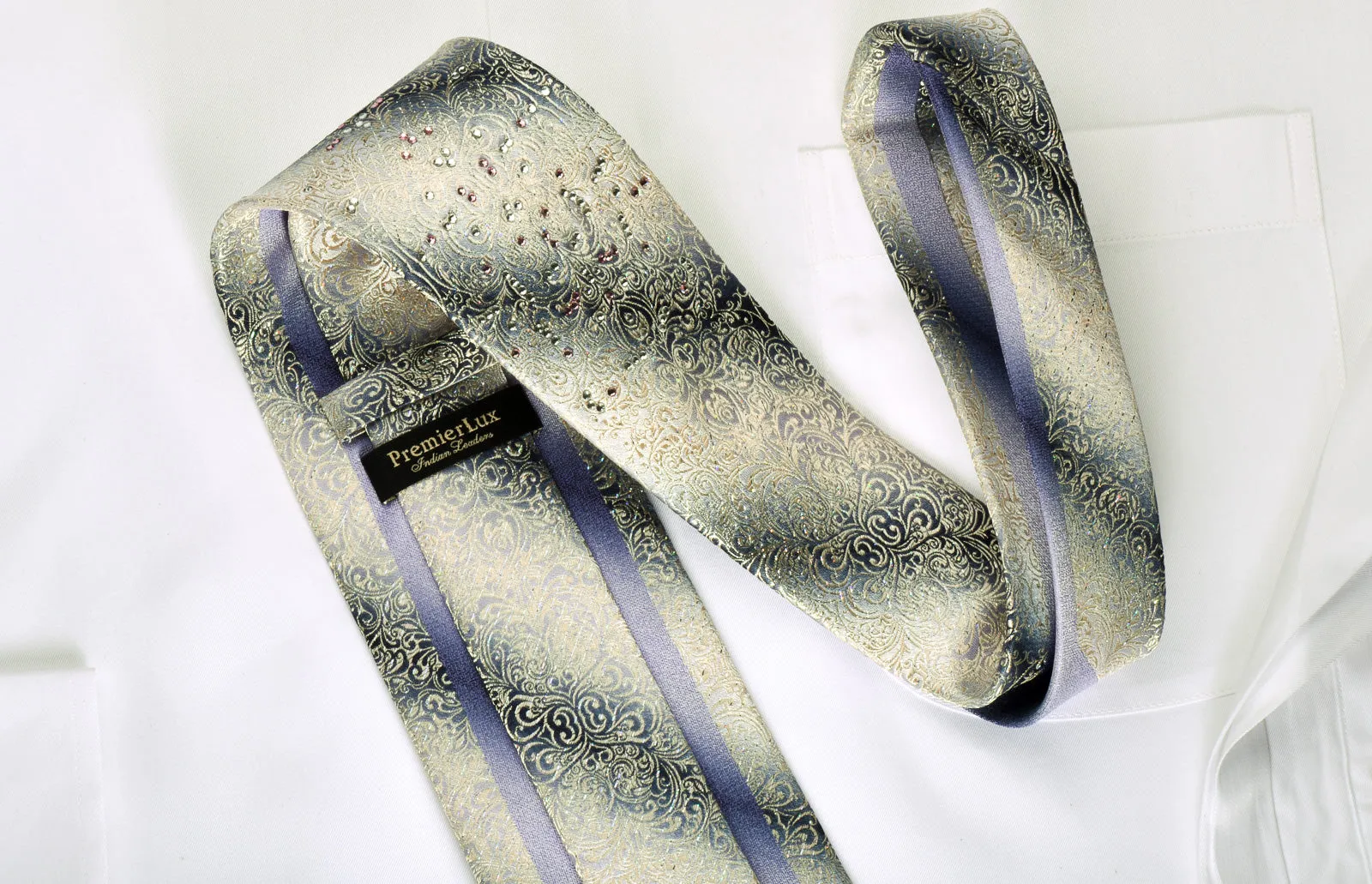 Premierlux Rhinestone Silk Necktie Silver Damask On Graduating Silver With Sparkles