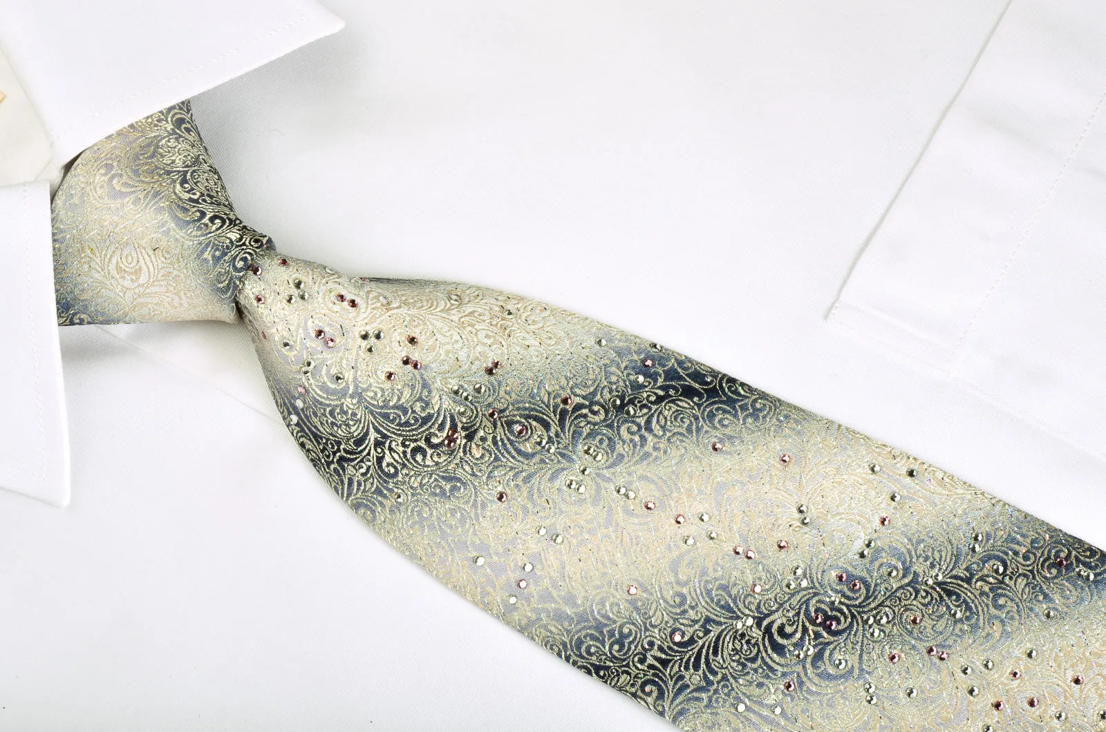 Premierlux Rhinestone Silk Necktie Silver Damask On Graduating Silver With Sparkles