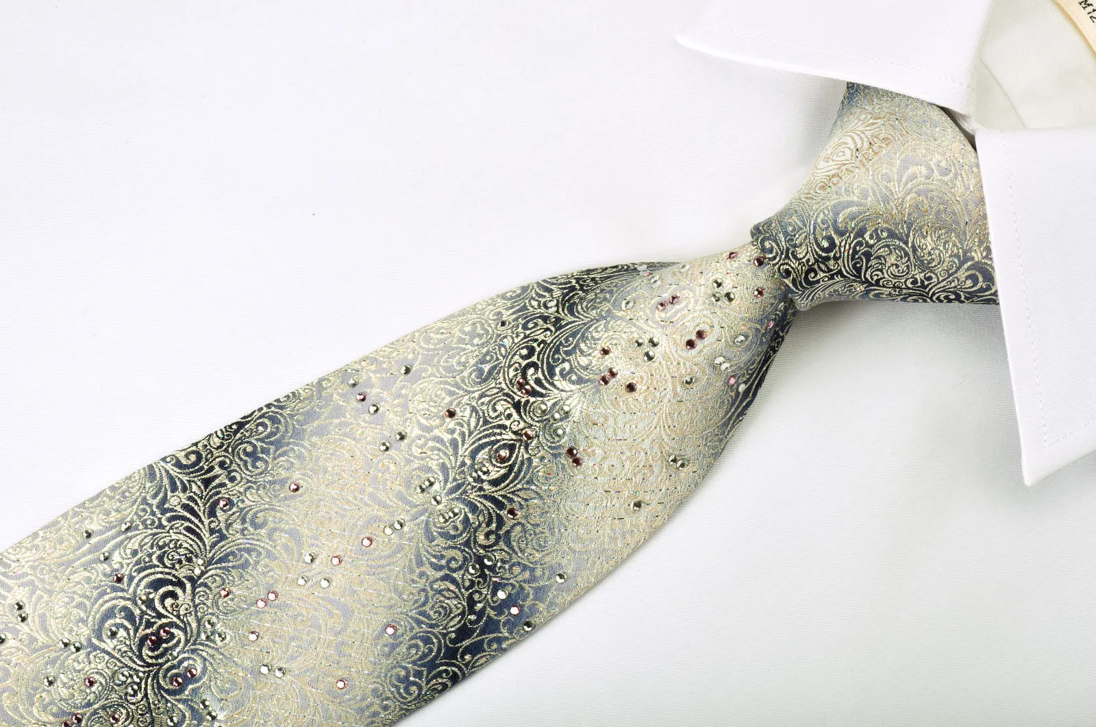 Premierlux Rhinestone Silk Necktie Silver Damask On Graduating Silver With Sparkles