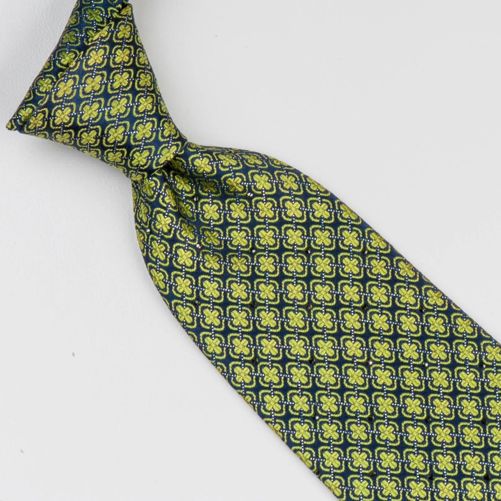 Renoma Neck Tie Green Quatrefoil On Dark Blue Silk With Dark Blue Rhinestones