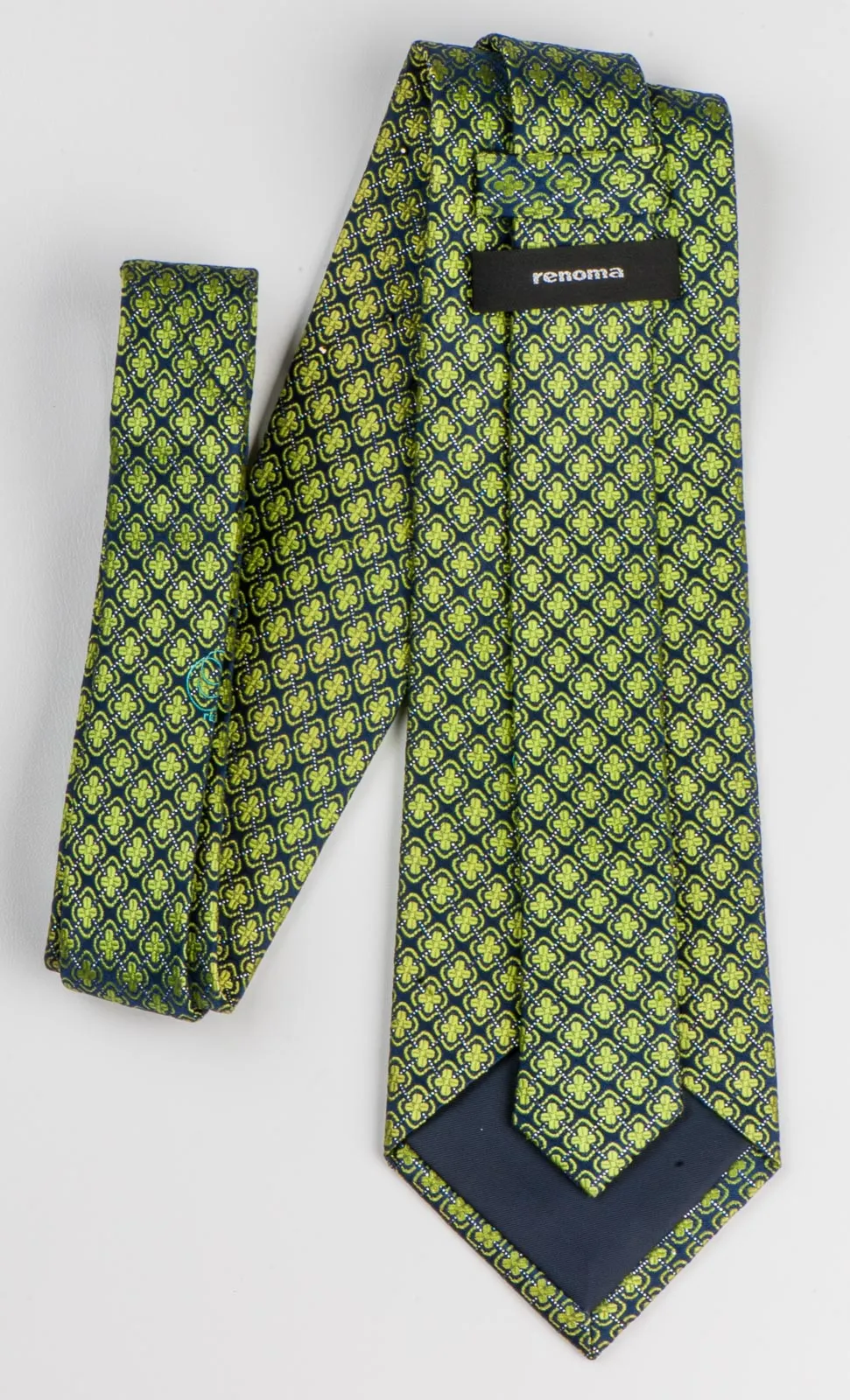 Renoma Neck Tie Green Quatrefoil On Dark Blue Silk With Dark Blue Rhinestones