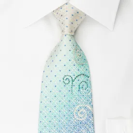 Renoma Necktie Blue Cartouche Rhinestone Scrolls On White Silk With Silver Sparkles