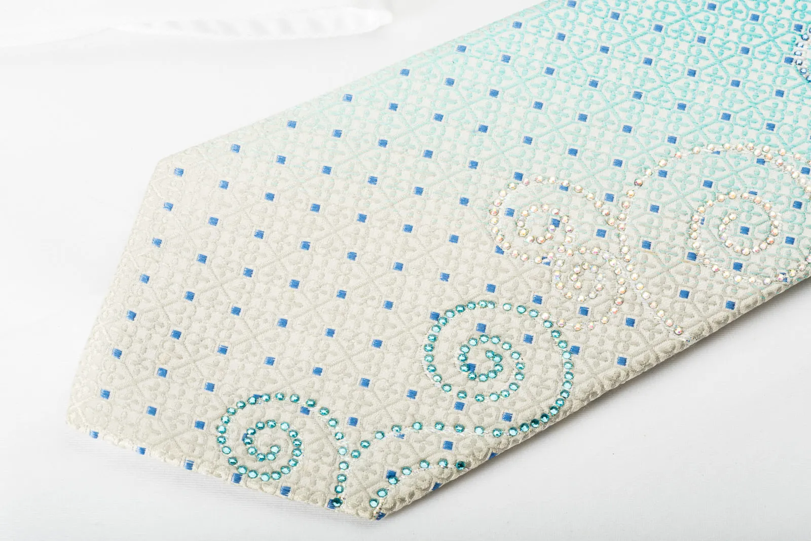 Renoma Necktie Blue Cartouche Rhinestone Scrolls On White Silk With Silver Sparkles