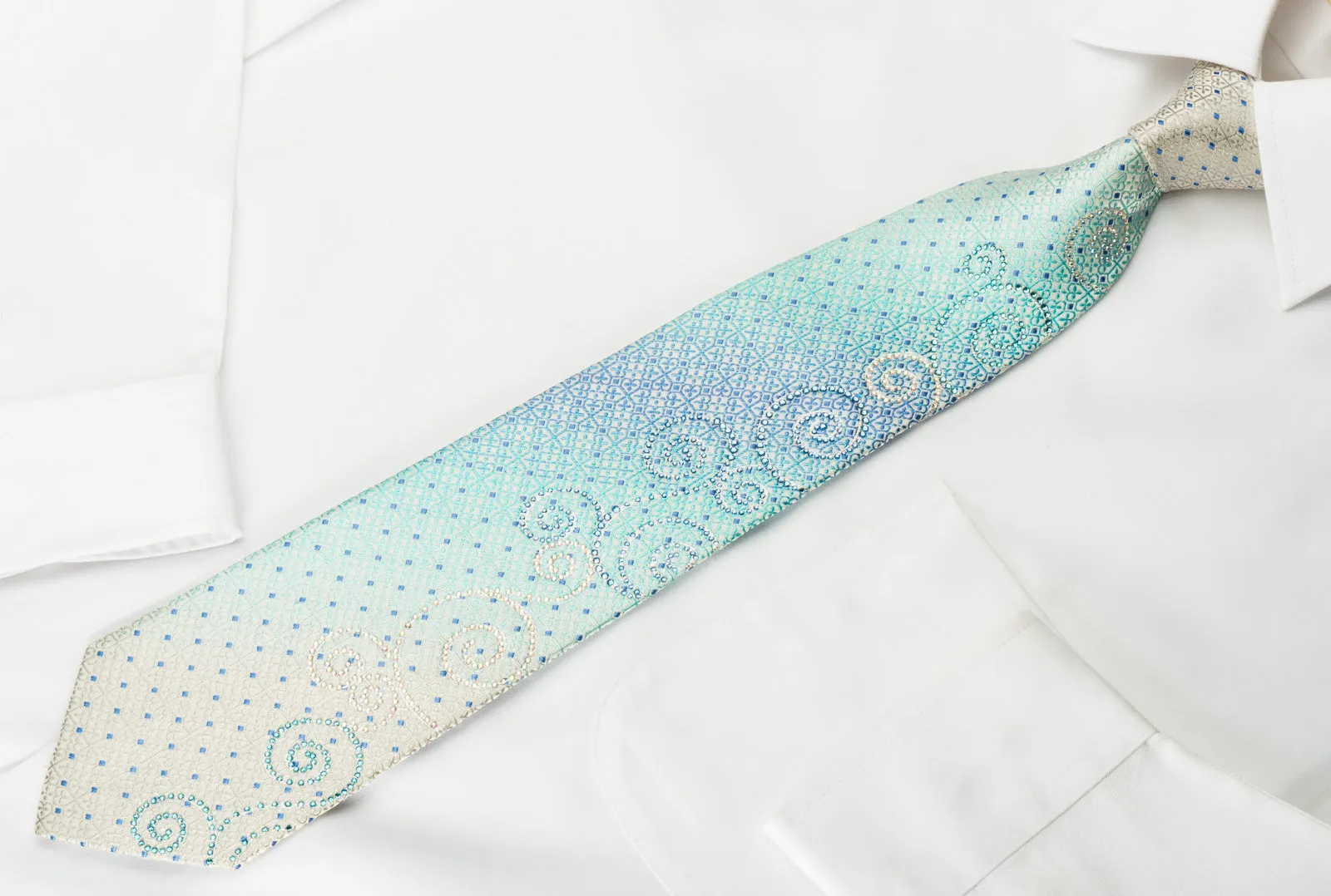 Renoma Necktie Blue Cartouche Rhinestone Scrolls On White Silk With Silver Sparkles