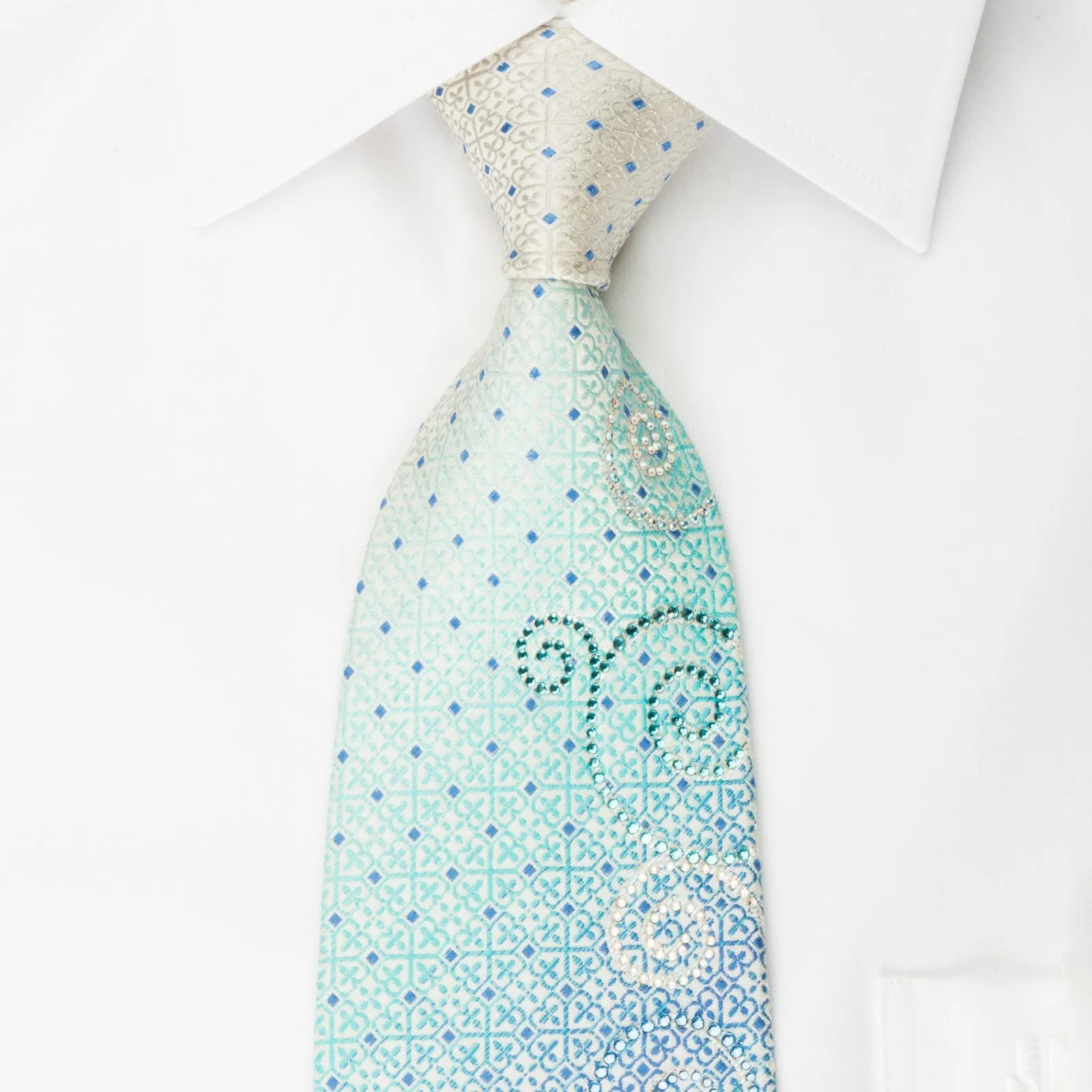 Renoma Necktie Blue Cartouche Rhinestone Scrolls On White Silk With Silver Sparkles