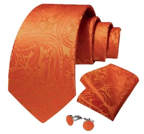 Solid Orange Paisley Wedding Necktie Set