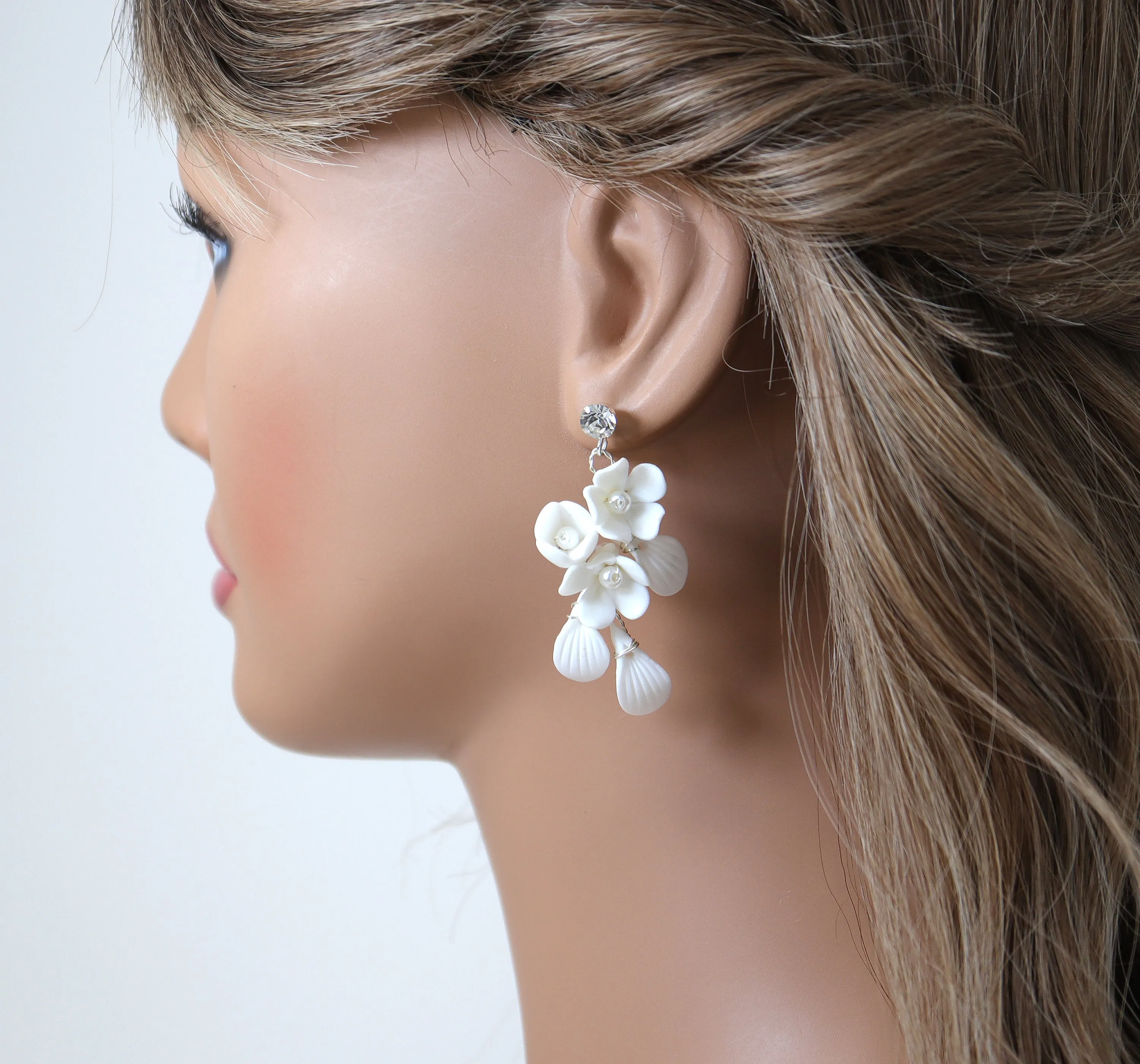 Swarovski Crystal Porcelain White Floral Pearl Elegance Ensemble Earring , Bridal Ceramic Earring, Bridal Hair Accessories, Wedding Earring.